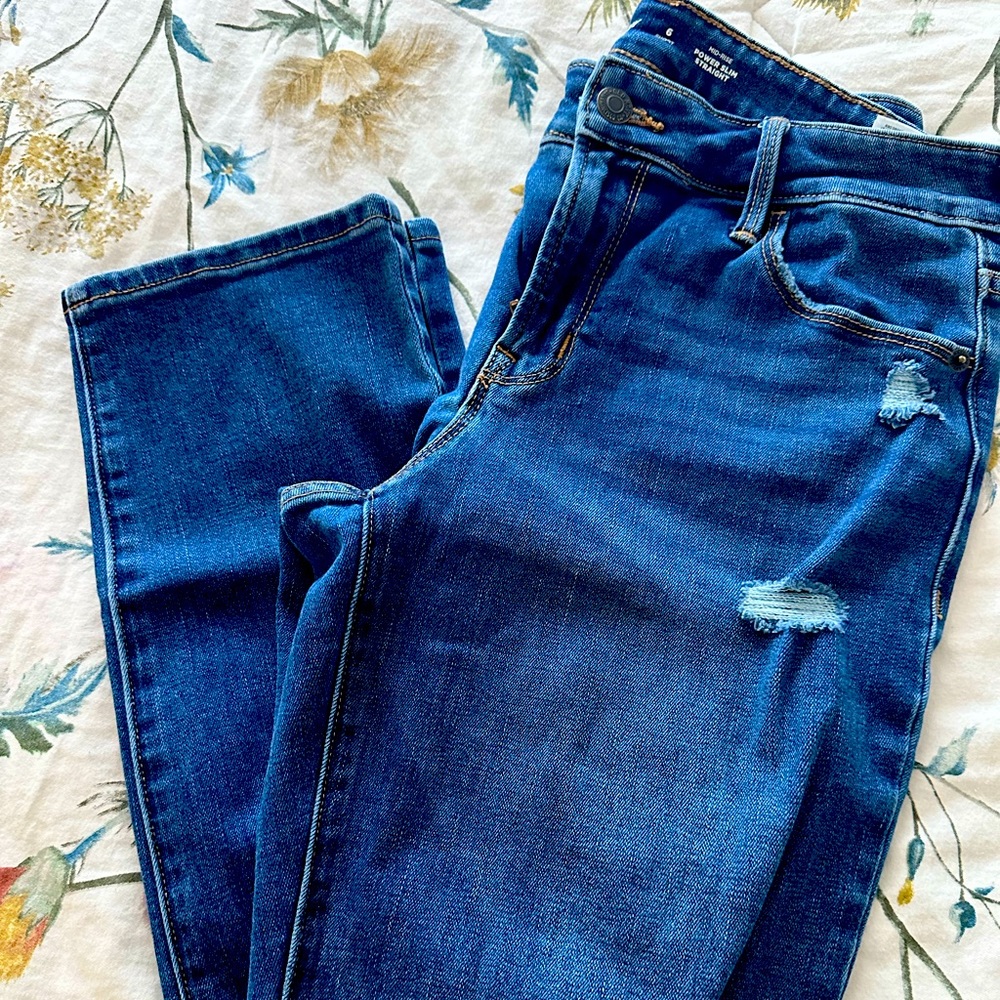 Old Navy mid rise power slim straight jeans with distressing